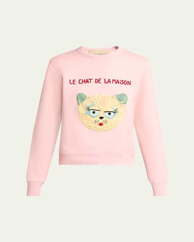 Cat-Embroidered Cotton Jersey Sweatshirt